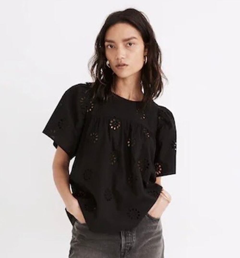 MADEWELL Black Cotton Daisy Eyelet Flutter Sleeve Yoke Top Size Small 0037